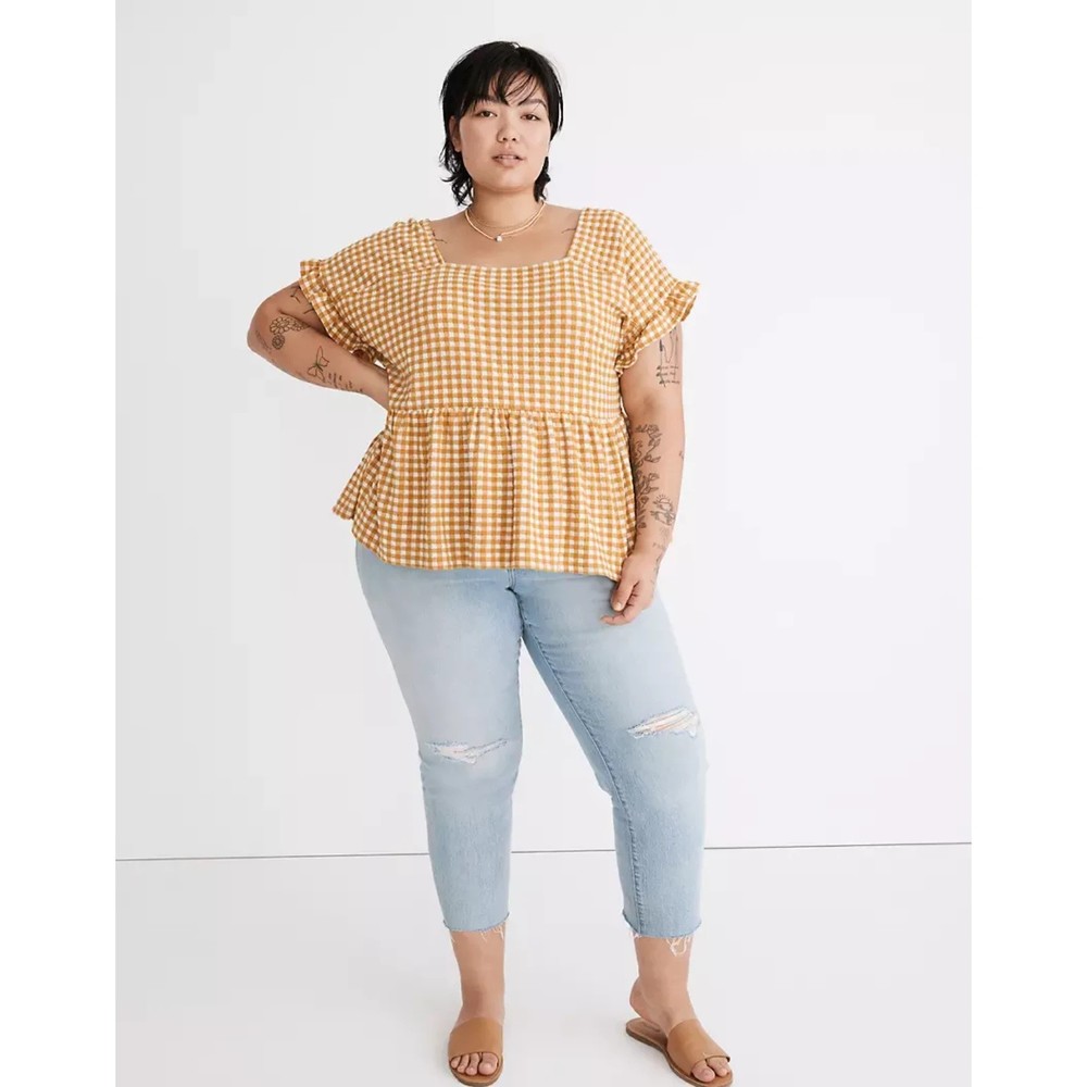 Madewell Yellow/White Gingham Knit Ruffle Hem Antique Gold Short Sleeve Top XL